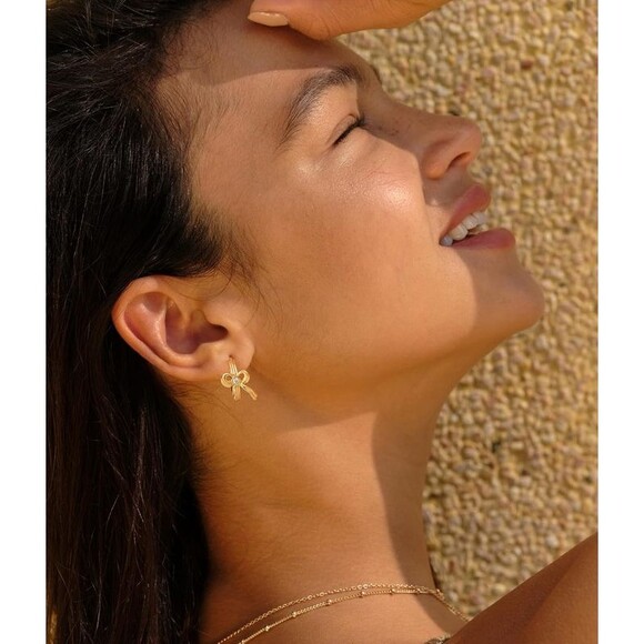 14K Gold Plated CZ Bow Huggie Hoop Earrings Dainty Tiny Hoops Gift for Women - Picture 2 of 6